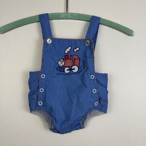 VINTAGE 70s BLUE TRAIN OVERALL ROMPER SIZE 0-3 MONTHS
